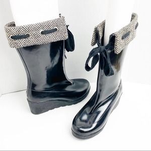 SPERRY Black Top Sider Herringbone Wedge Rain Boots, Size 7